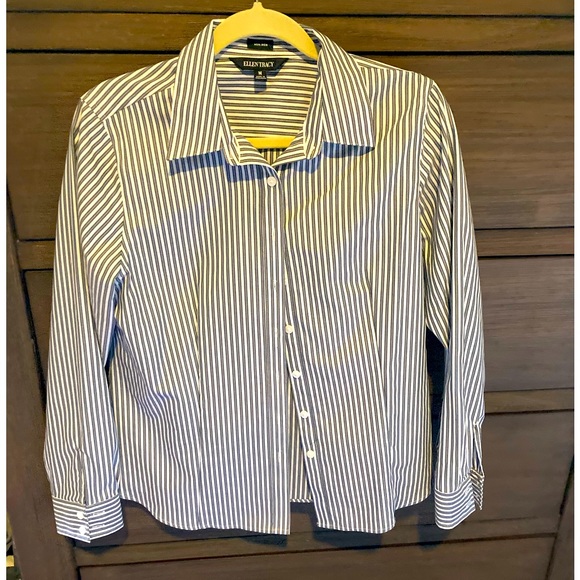 Ellen Tracy Blouse Womens Button Up Shirt gray White Stripe Non-Iron Collared M - Picture 2 of 6